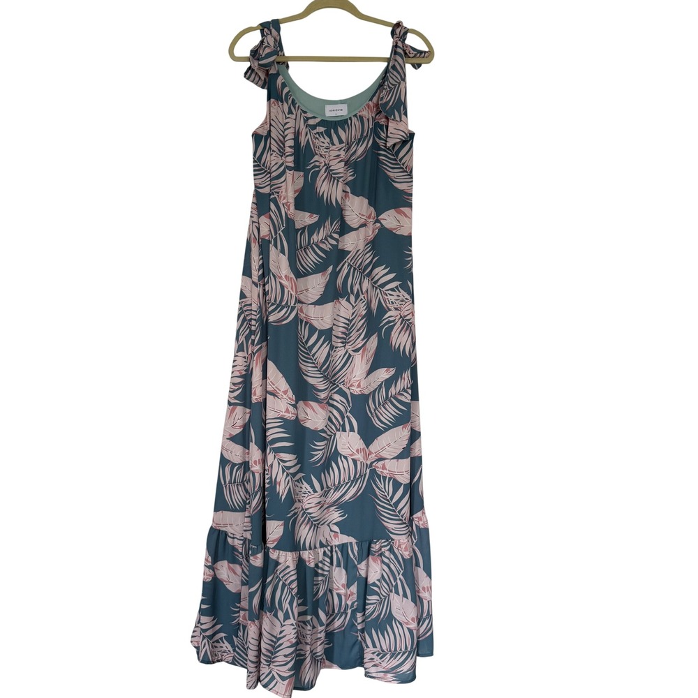 Adrienne Auqa Blue Pink Tropical Leaf‎ Tie Shoulder Maxi Dress Size Small Boho